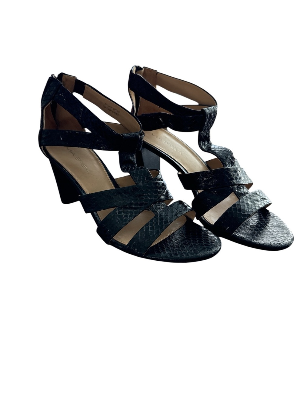 Via Spiga Black Strappy Mid-Heel Sandals, leather 9M